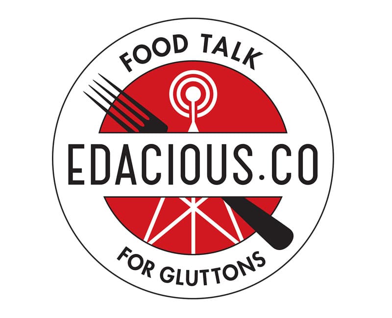 Edacious podcast Logo design red and black fork and radio tower