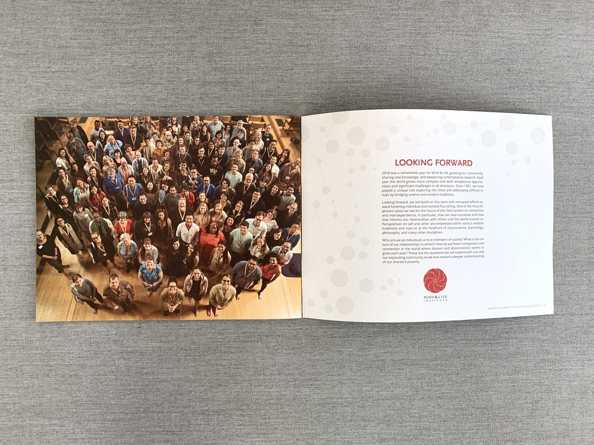 Annual report design with people photos and text