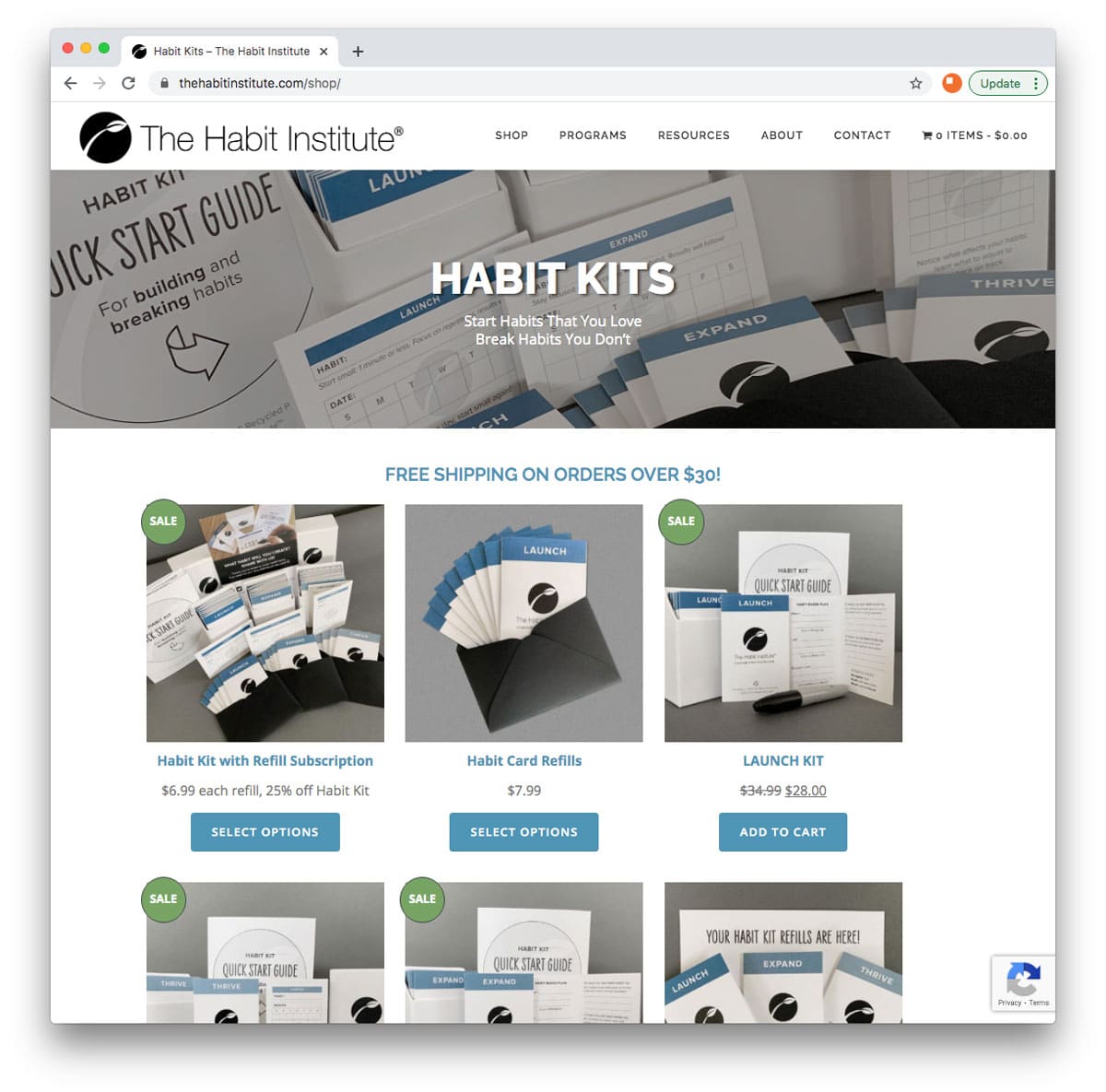 Habit Kit storefront website design with product list