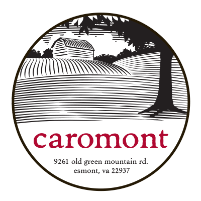Caromont Logo with woodcut fields tree and barn
